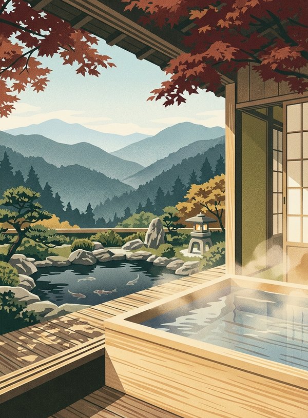 Illustration of Setsugekka Bettei Suiun: a hinoki soaking tub on an open private terrace above a garden pond, with layered forested ridges of the Hakone outer rim beyond