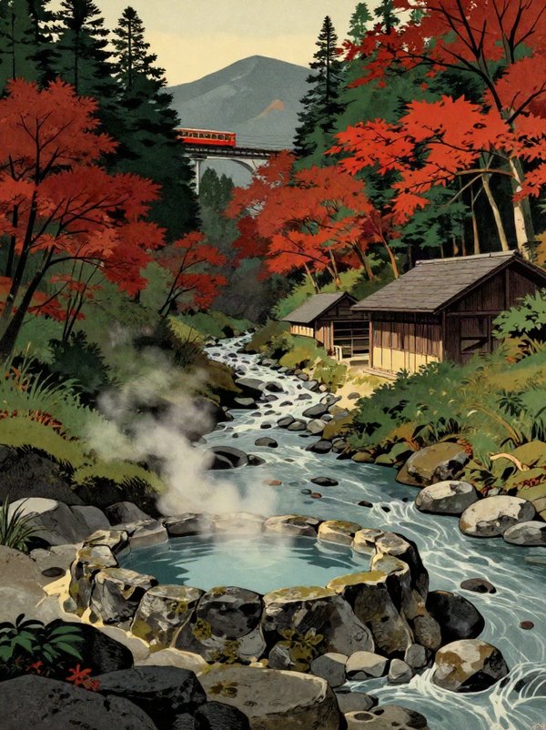 Illustration of Tenzan Tohji-kyo: a rock-built outdoor onsen pool beside a mountain river in the Okuyumoto valley, autumn maples and a red Hakone Tozan train on a bridge above