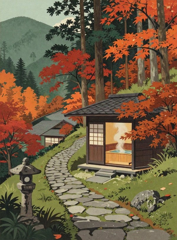 Illustration of Hakone Yuryo: a private wooden bath cabin on a wooded hillside, reached by a mossy stone path past a stone lantern in autumn