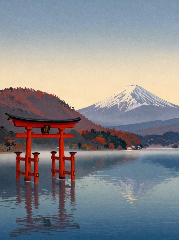 Illustration of Lake Ashi in Hakone at dawn: a vermilion torii gate standing in the shallow water with autumn hillsides and Mount Fuji beyond