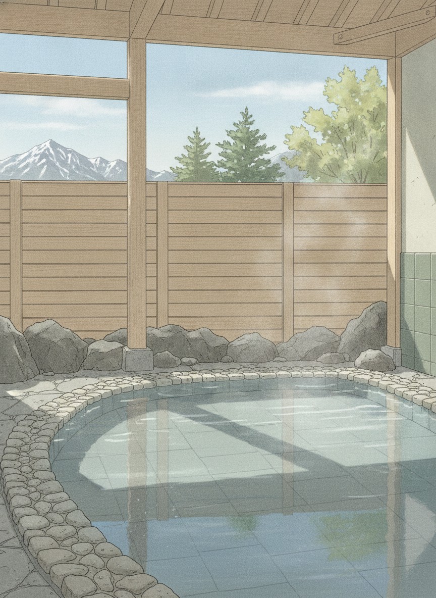 Illustration of Happo-no-Yu in Happo, at the entrance to the onsen town
