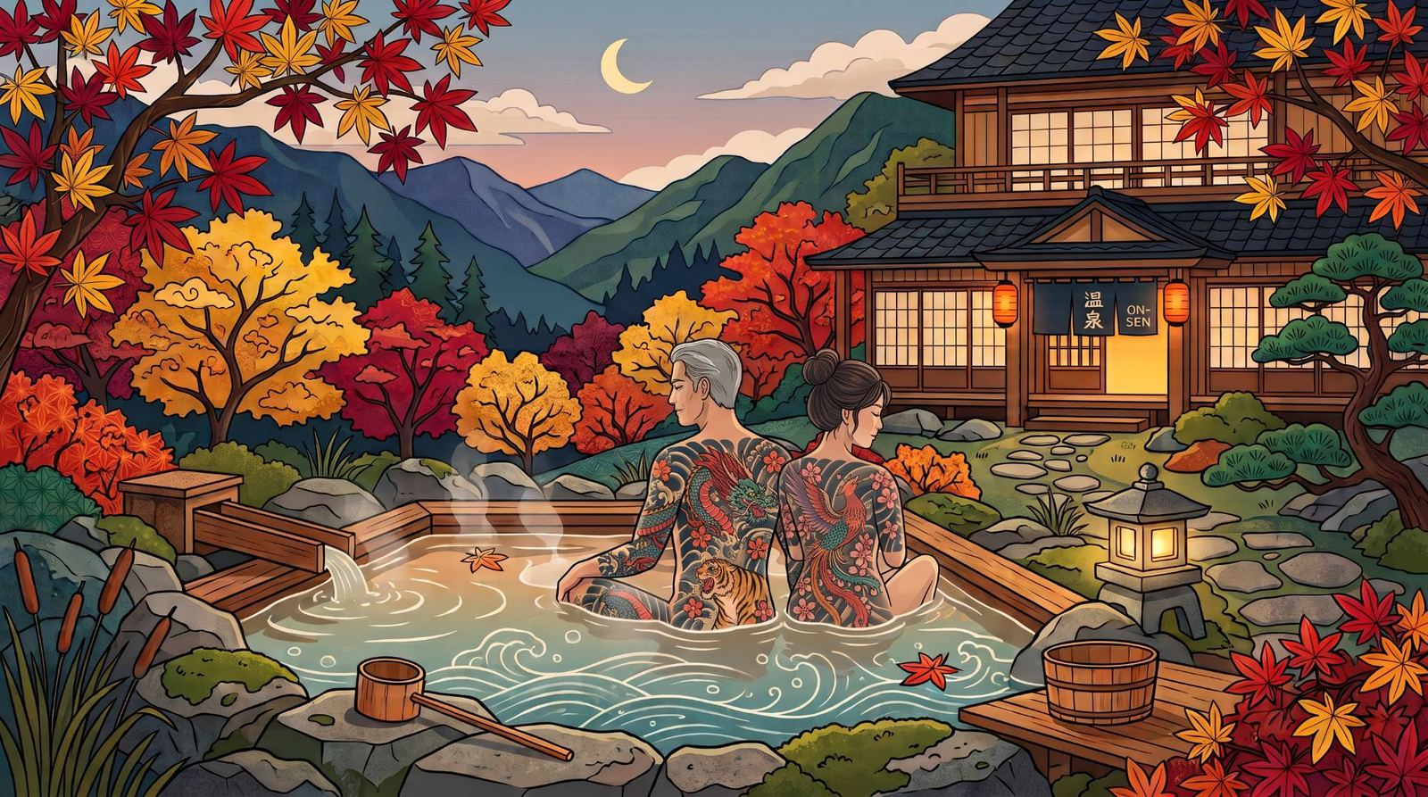 Illustration of a couple with traditional Japanese tattoos relaxing in an outdoor onsen at dusk, autumn maples and a lantern-lit ryokan behind them