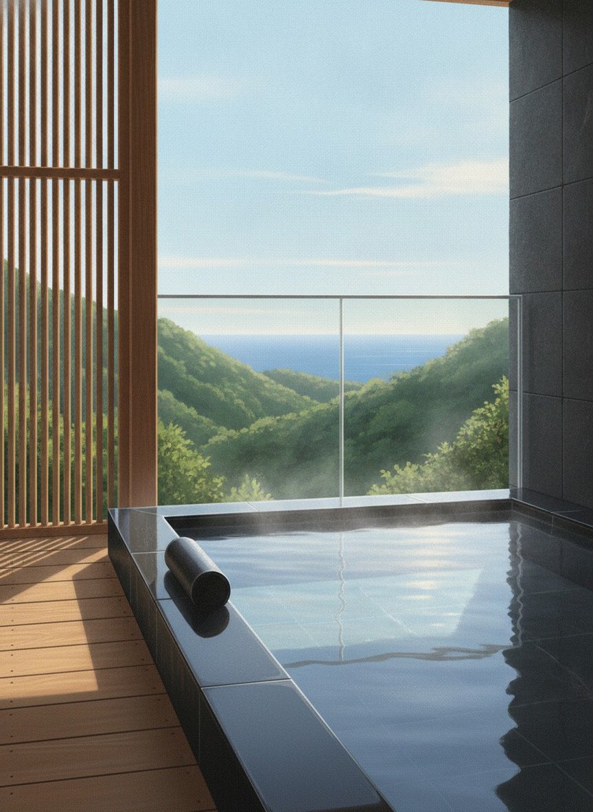 Illustration of Izu Hotel Resort & Spa in Atagawa highlands, on a hilltop in the Resort Park Izu Atagawa estate, about 15 minutes by the hotel's shuttle from Izu-Atagawa Station