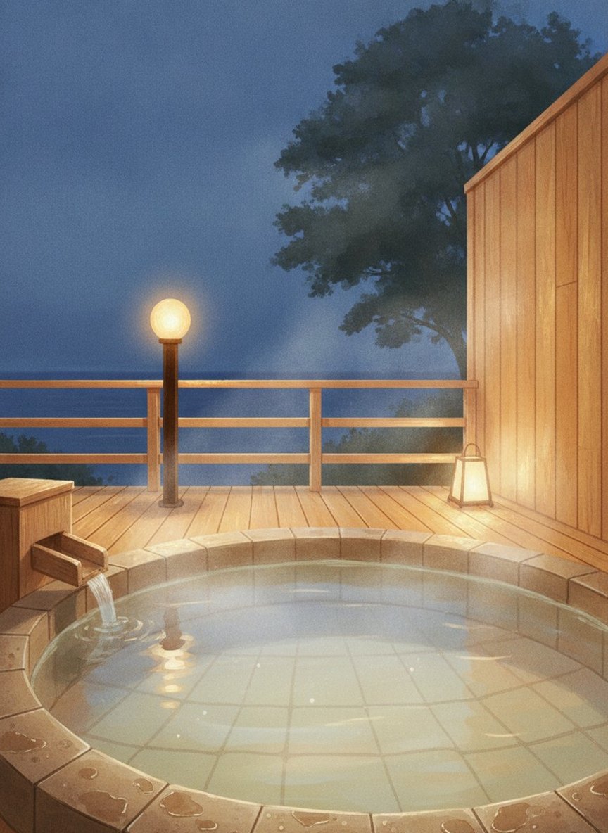 Illustration of Takami Hotel in Atagawa Onsen, on the high ground above the hot spring town, with Izu-Atagawa as its station