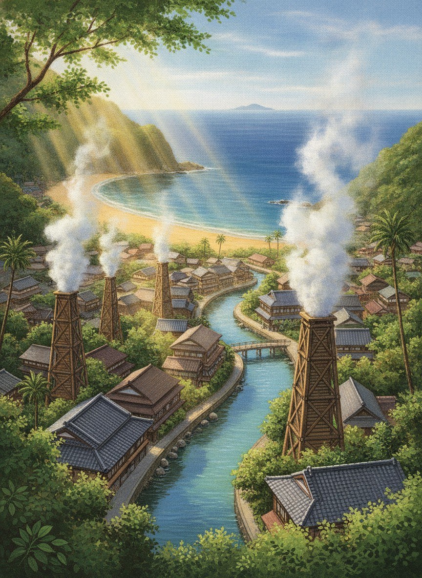 Illustration of the Higashi-Izu coast on a summer morning: steam rising from wooden hot spring towers above a small seaside town, green headlands and blue sea