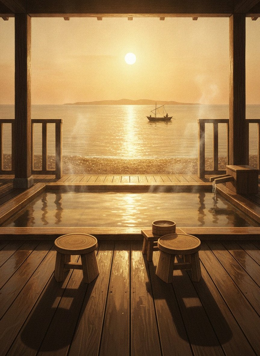 Illustration of Bousui in Hokkawa Onsen, on the shore road north of Atagawa, with a pickup from Izu-Atagawa Station