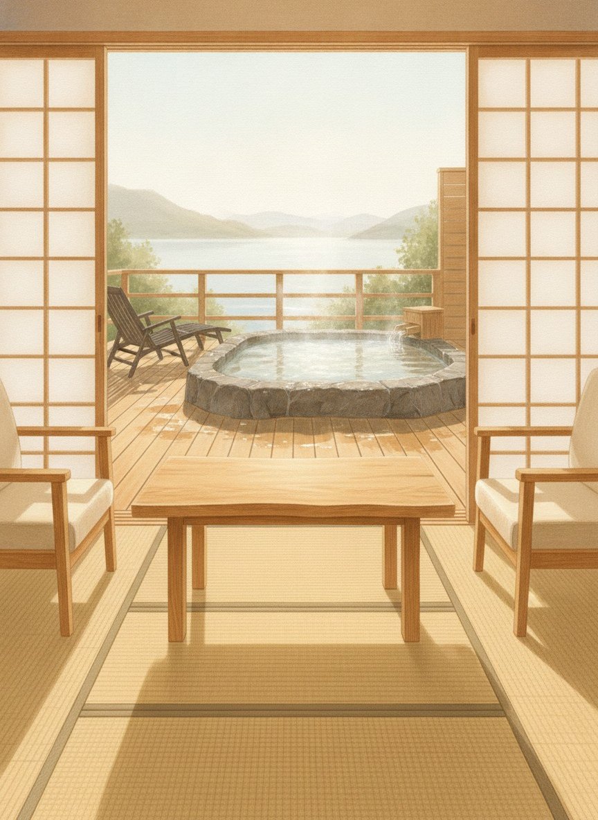 Illustration of Kissho CAREN in Hokkawa Onsen, on the hillside above the shore road, about 10 minutes by shuttle from Izu-Atagawa Station