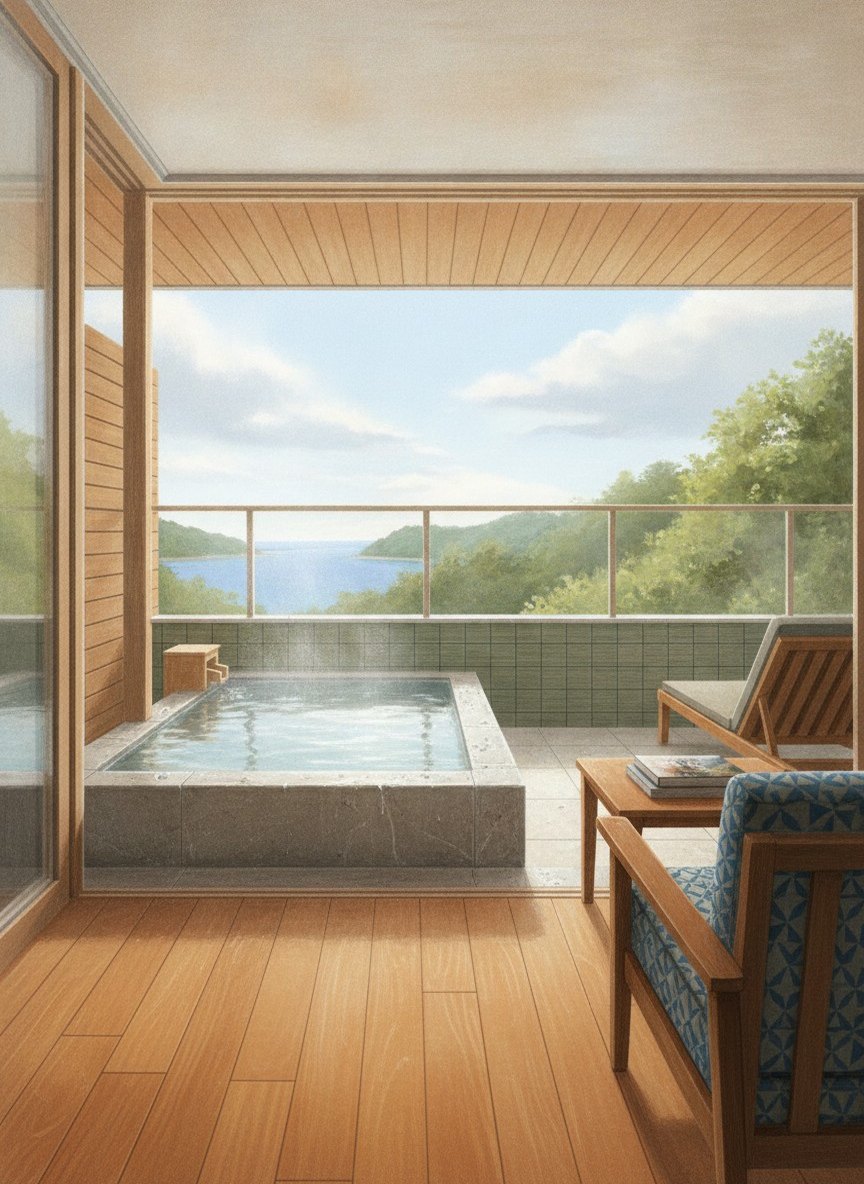 Illustration of Inatori Ginsuiso in Inatori Onsen, on the shore at the south end of town, about 5 minutes by the hotel's shuttle from Izu-Inatori Station
