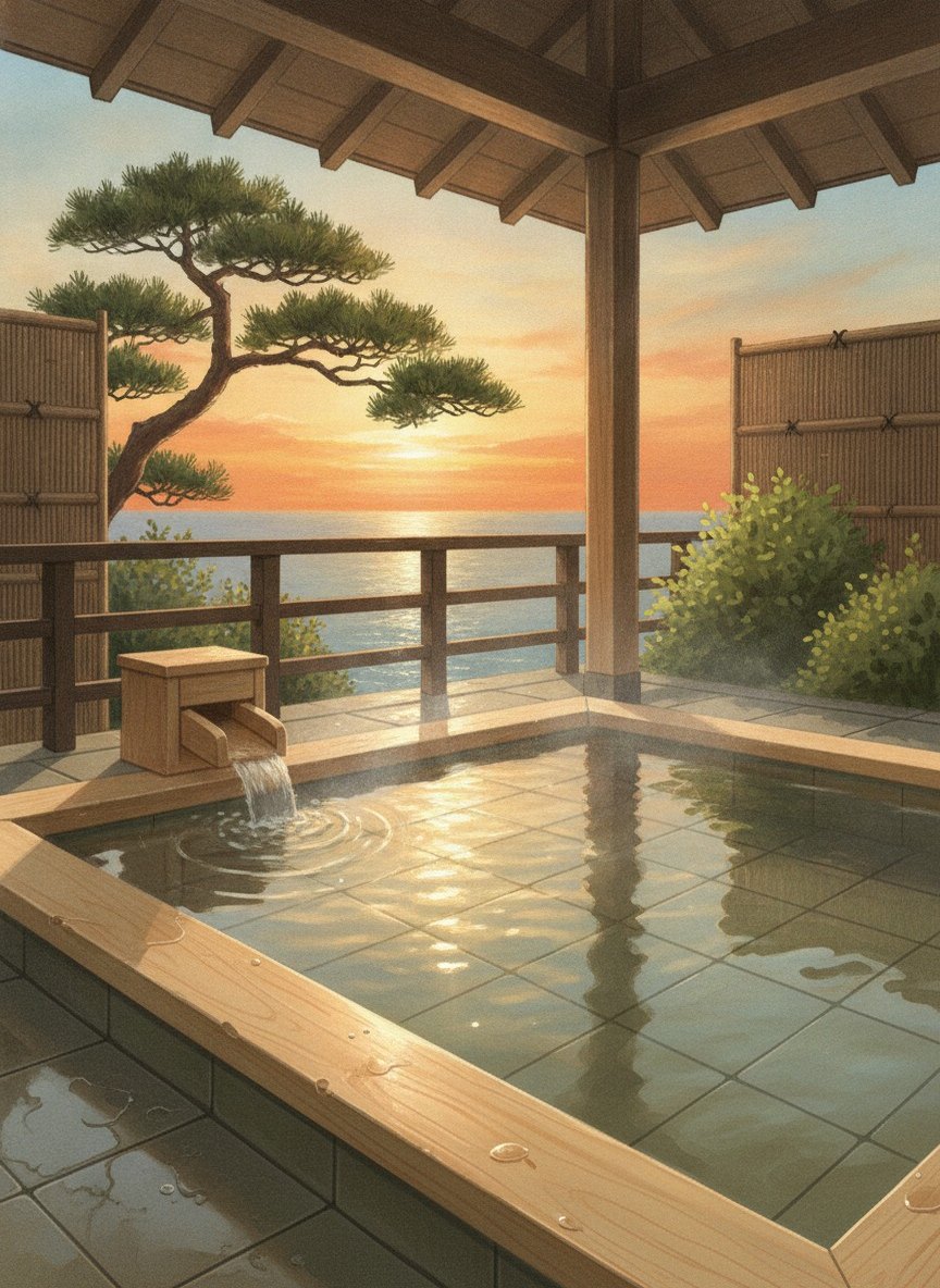 Illustration of Inatori Tokai Hotel Yuen in Inatori Onsen, on the shore at the south end of town, about 15 minutes on foot from Izu-Inatori Station