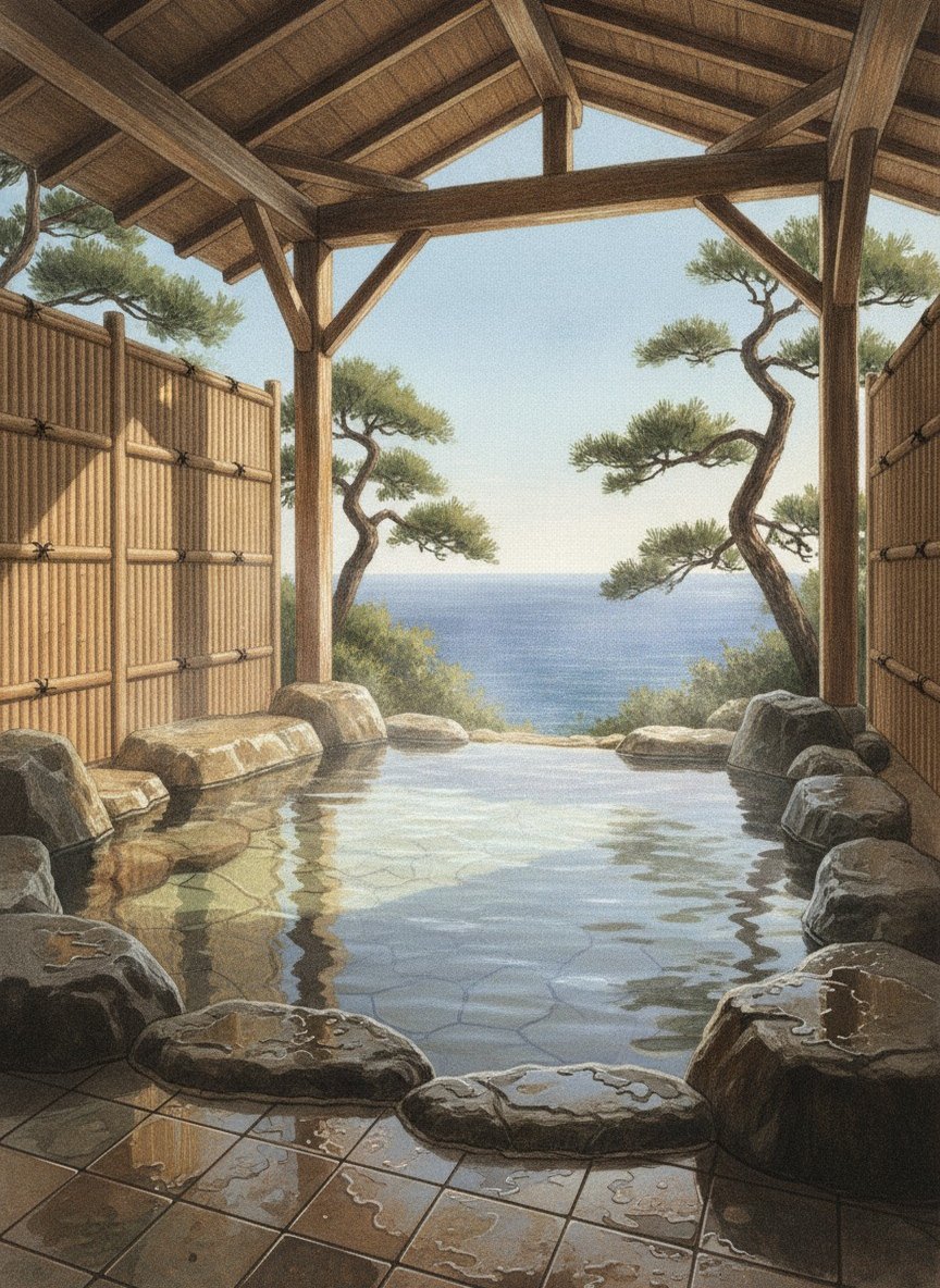 Illustration of Isaribi in Okawa Onsen, the northernmost spring in Higashi-Izu, 8 minutes on foot from Izu-Okawa Station