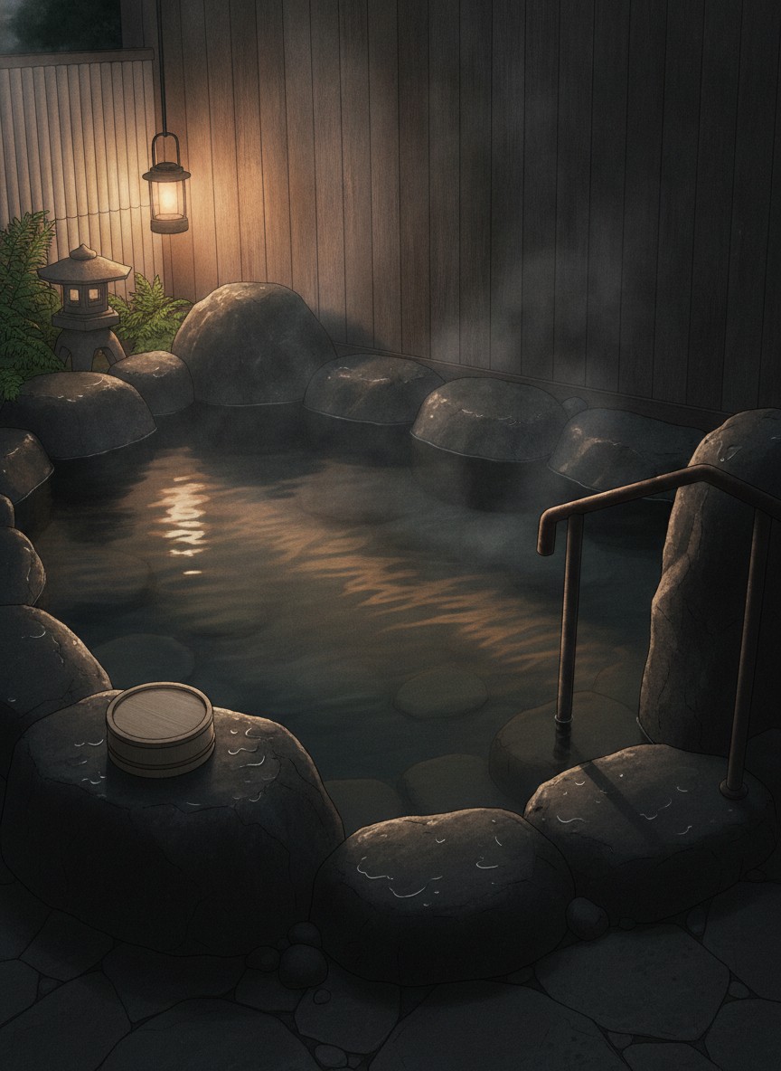 Illustration of Irori no Yado Ashina in Higashiyama, Yumoto Shimohara, at the upstream end of the strip