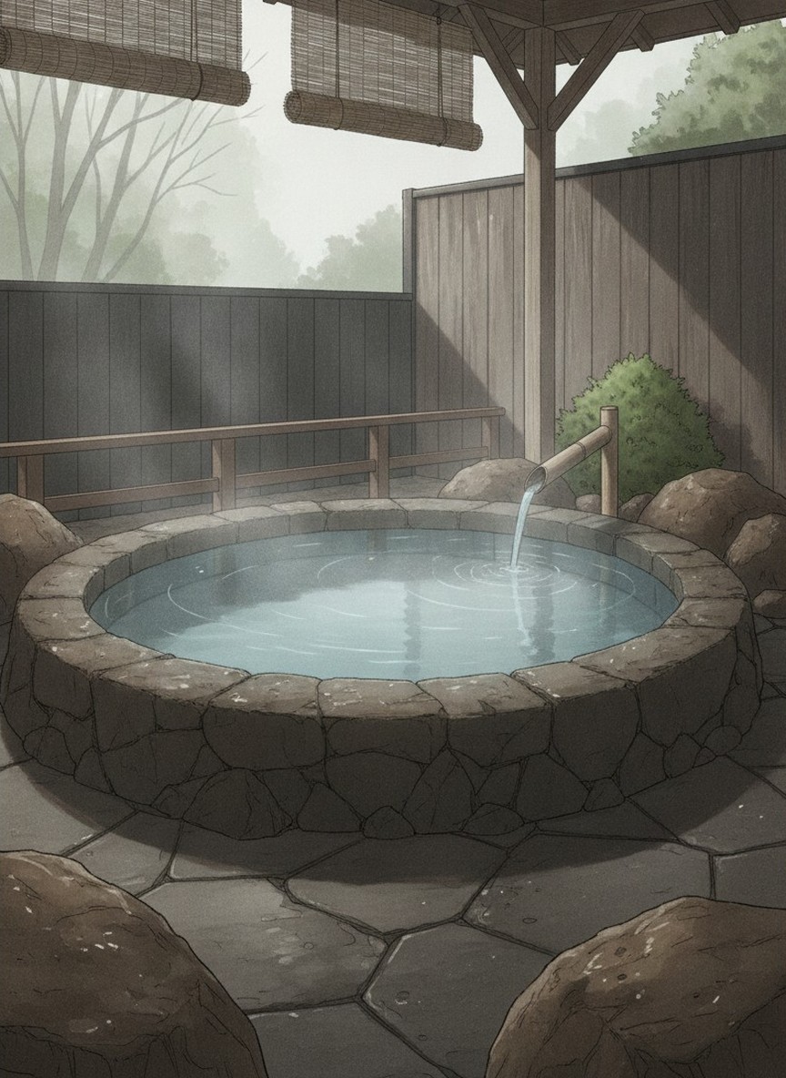 Illustration of Sanso Tensui in Sakuradake, Amagase Onsen, on the Gorakugawa stream facing Sakura Falls, apart from the onsen town center