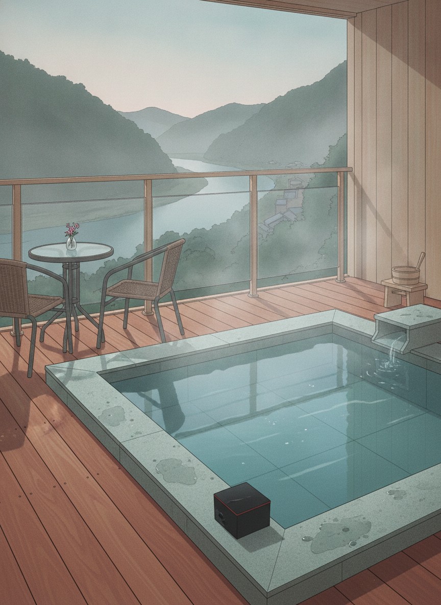 Illustration of Ukiha Bekkan Shinshiyo in Sakuradake, Amagase Onsen, on the high ground above the Kusu river
