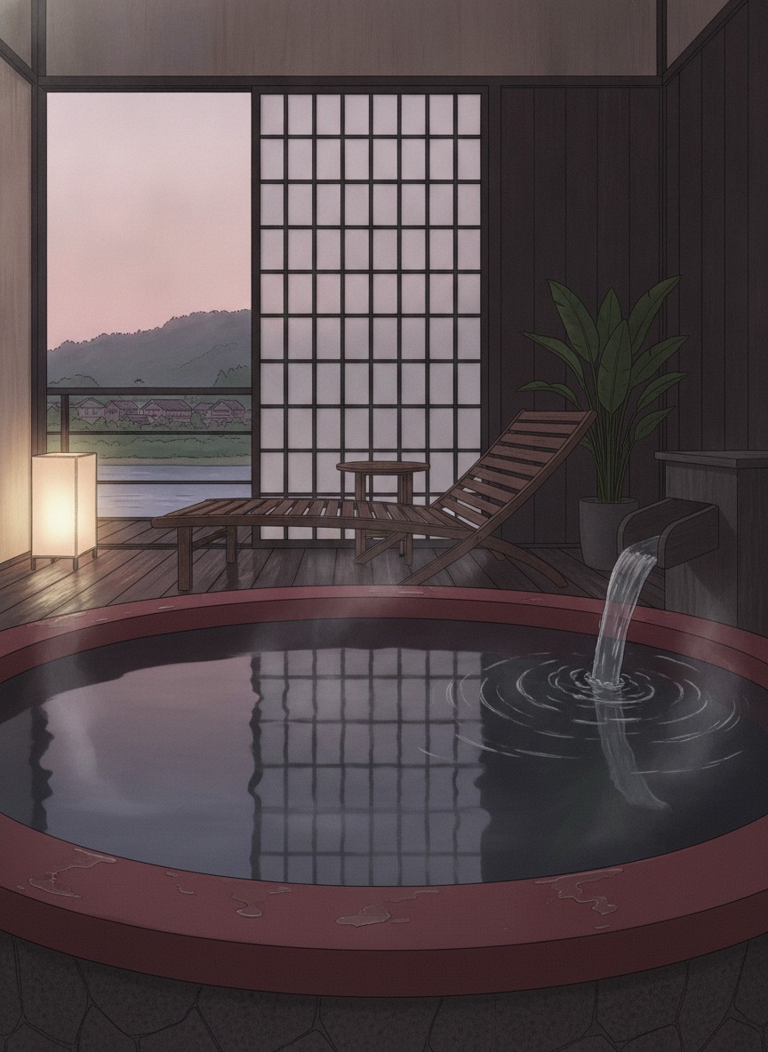 Illustration of Caffel Hinanosato in Kuma, on the Mikuma river in the Hita Onsen hotel strip, 10 minutes on foot from Hita Station
