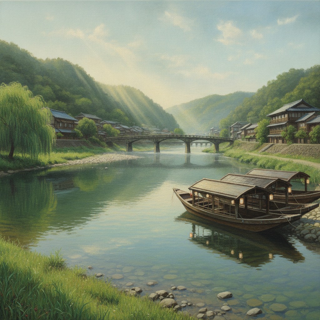 Illustration of the Mikuma River at Hita on a summer morning, roofed pleasure boats moored by the bank, a stone bridge and green hills beyond