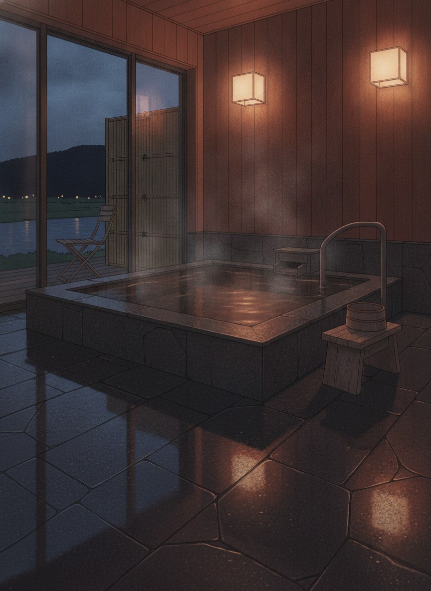 Illustration of Mikuma Hotel in Kuma, on the Mikuma river in the Hita Onsen hotel strip, by the Hita Onsengai bus stop