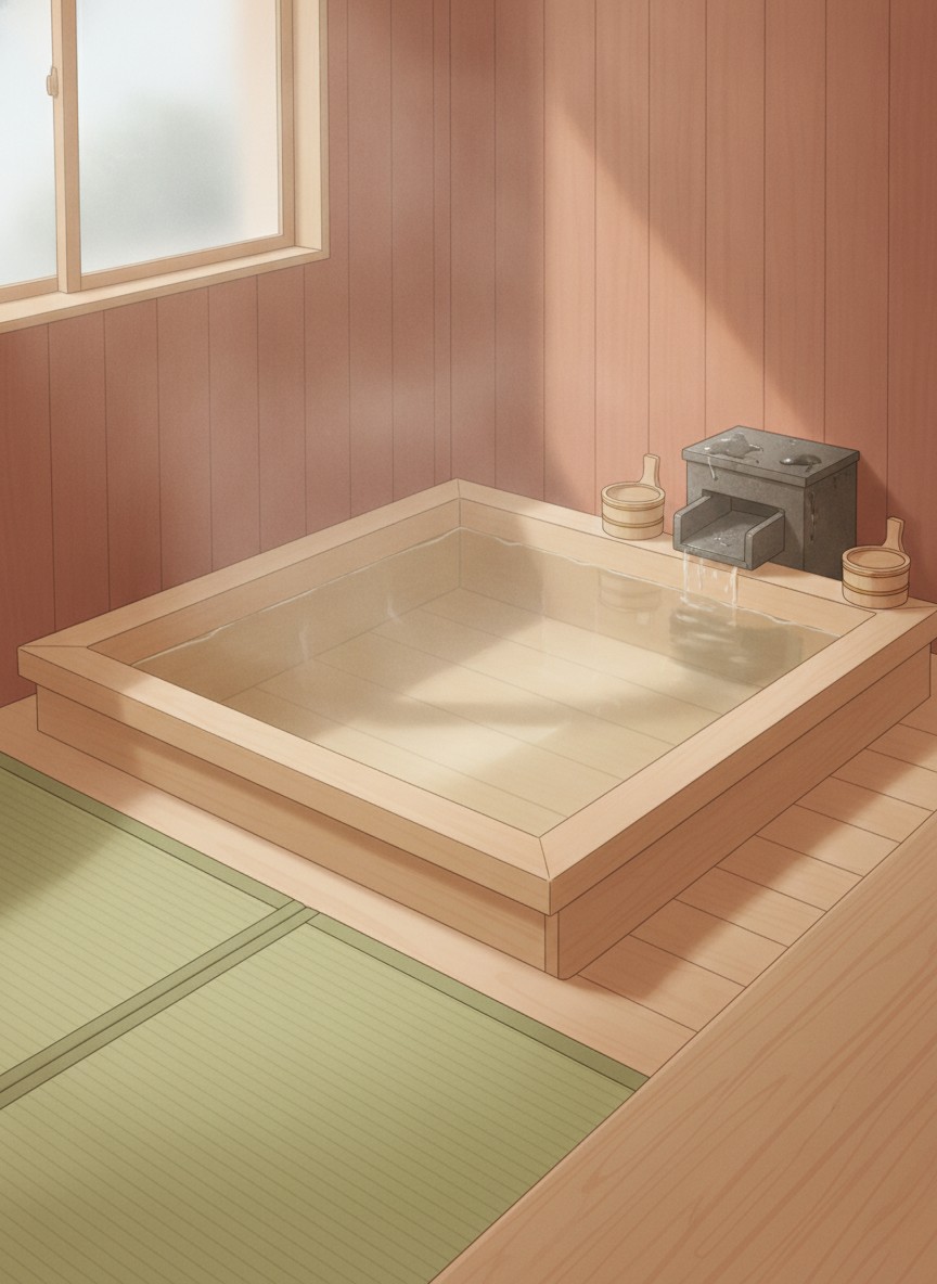 Illustration of Hita Onsen Genseniya in Kawashimo, Yoake, at the western end of Hita, 5 minutes on foot from Yoake Station