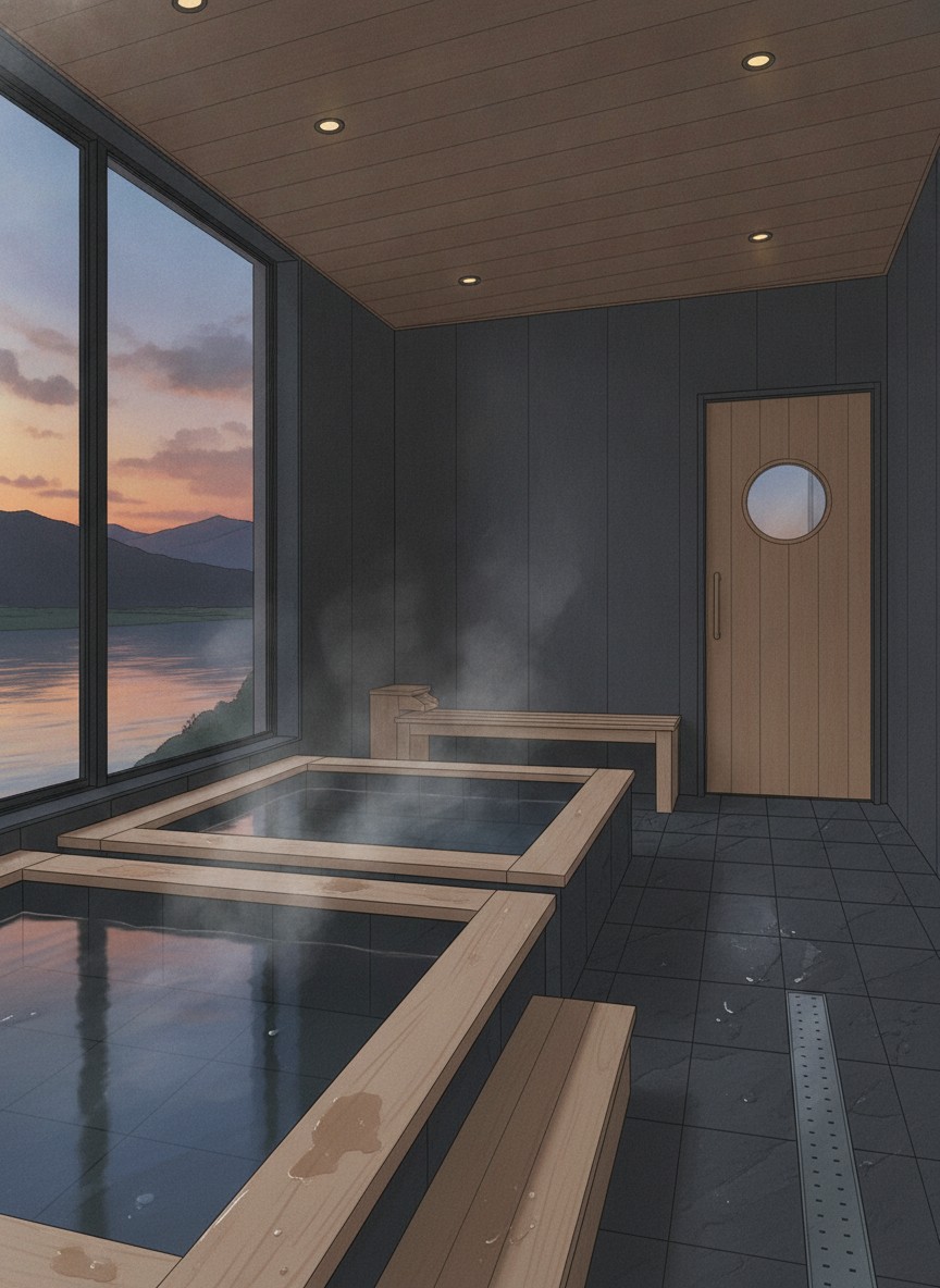 Illustration of Ryokan & Sauna Yorozuya Hita in Kuma, on the Mikuma river in the Hita Onsen hotel strip