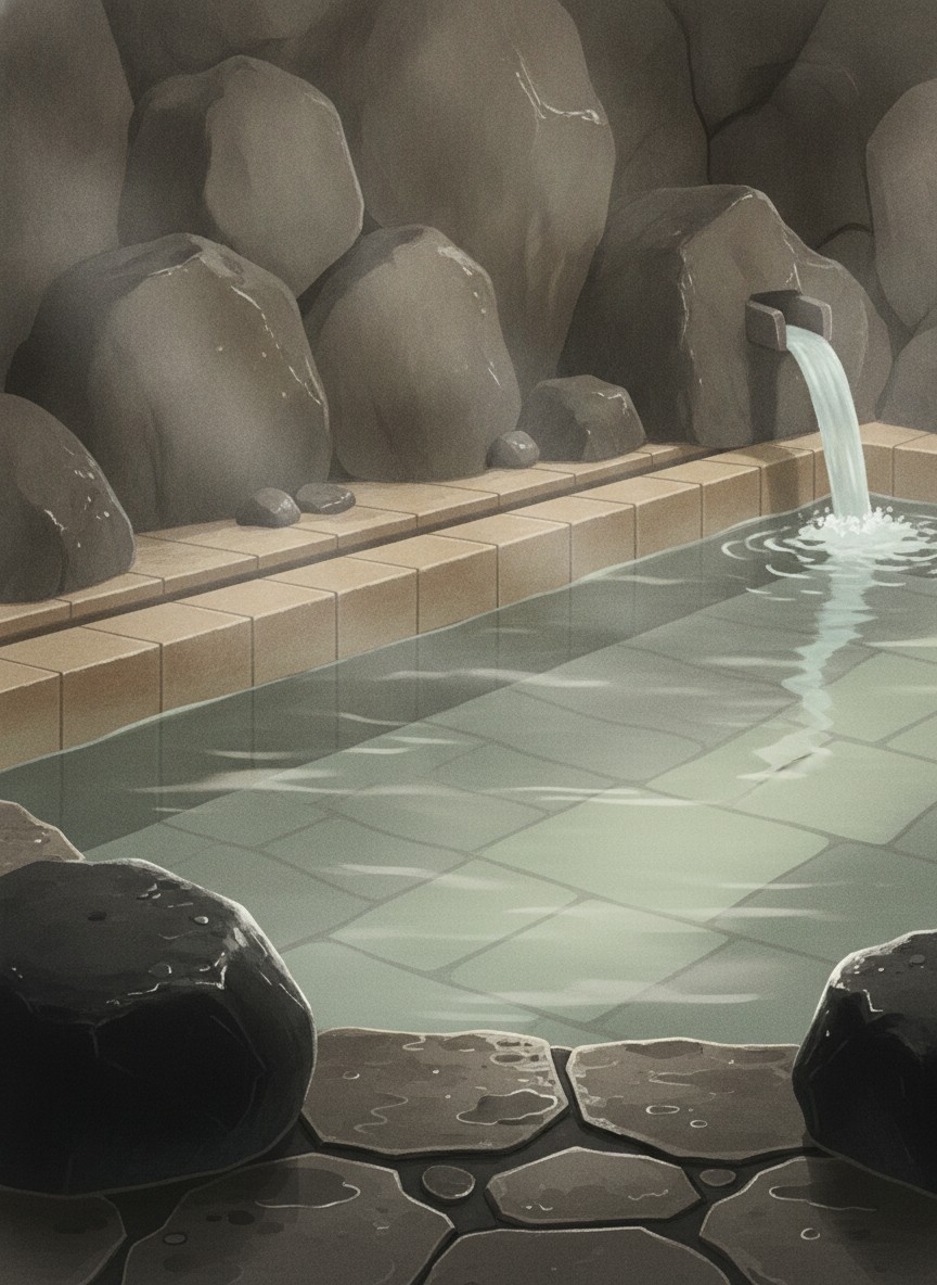 Illustration of Ogase Tennen-yu Senraku Onsen in Ogase-machi, on Route 210 above the river, east of central Hita