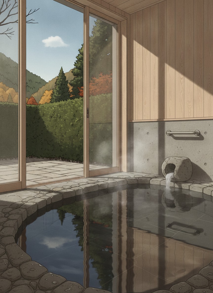 Illustration of Okuhita Onsen Umehibiki in Oyama, Hita City, above the Hibiki gorge, about 25 minutes by car from Hita Station