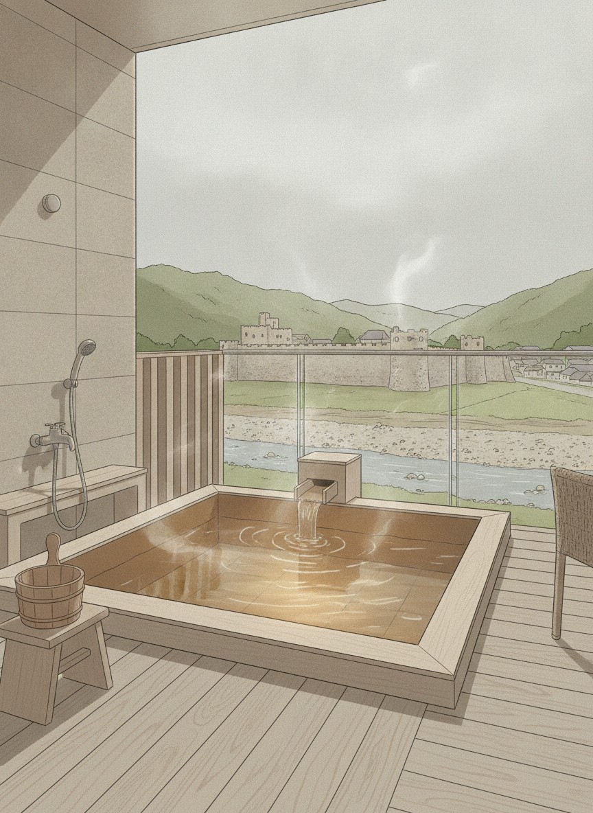 Illustration of Hitoyoshi Onsen Ayu no Sato in Kokonoka-machi, on the Kuma river facing the castle ruins