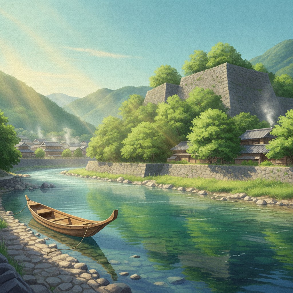 Illustration of the Kuma River at Hitoyoshi on an early summer morning: clear green water, a wooden river boat at the bank, and the old castle walls among trees