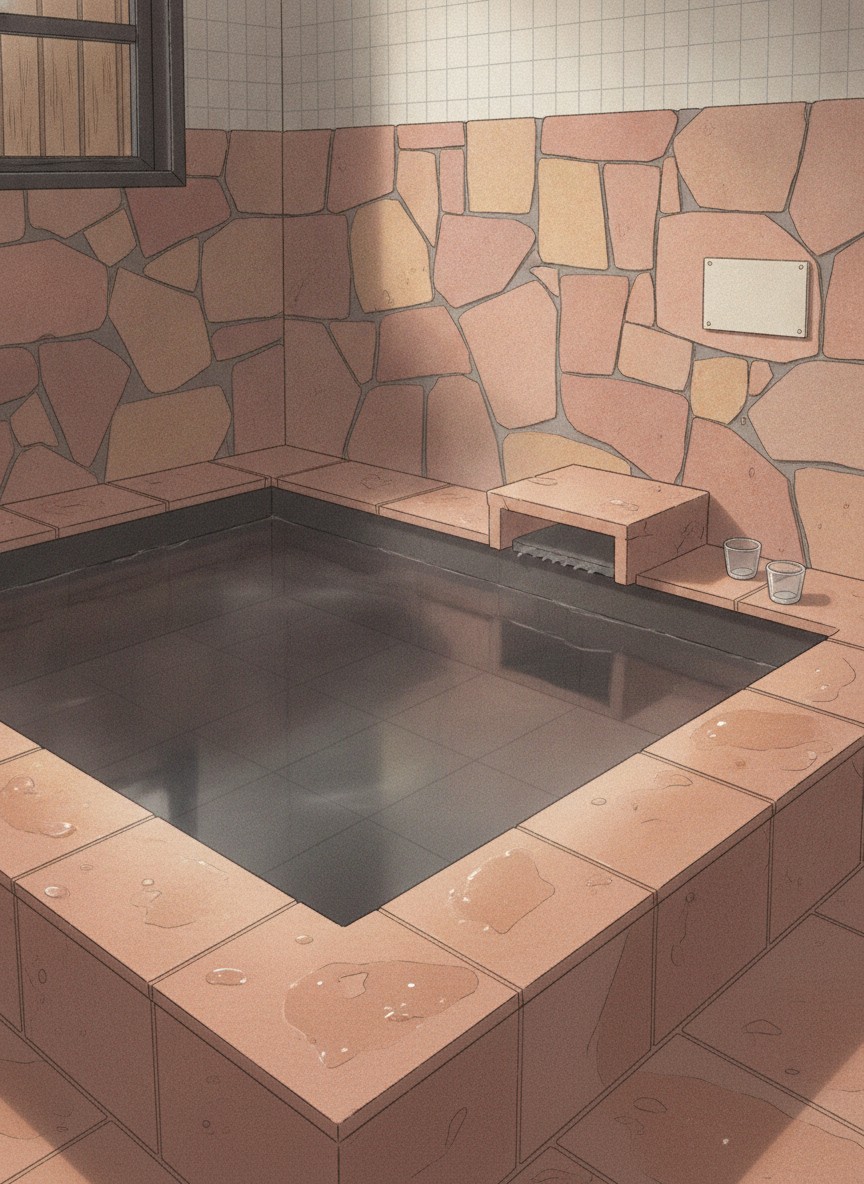 Illustration of Hitoyoshi Shinjo Onsen family baths in Nishiki, on the grounds of Shinjo no Yado in the Shinjo Culture Forest