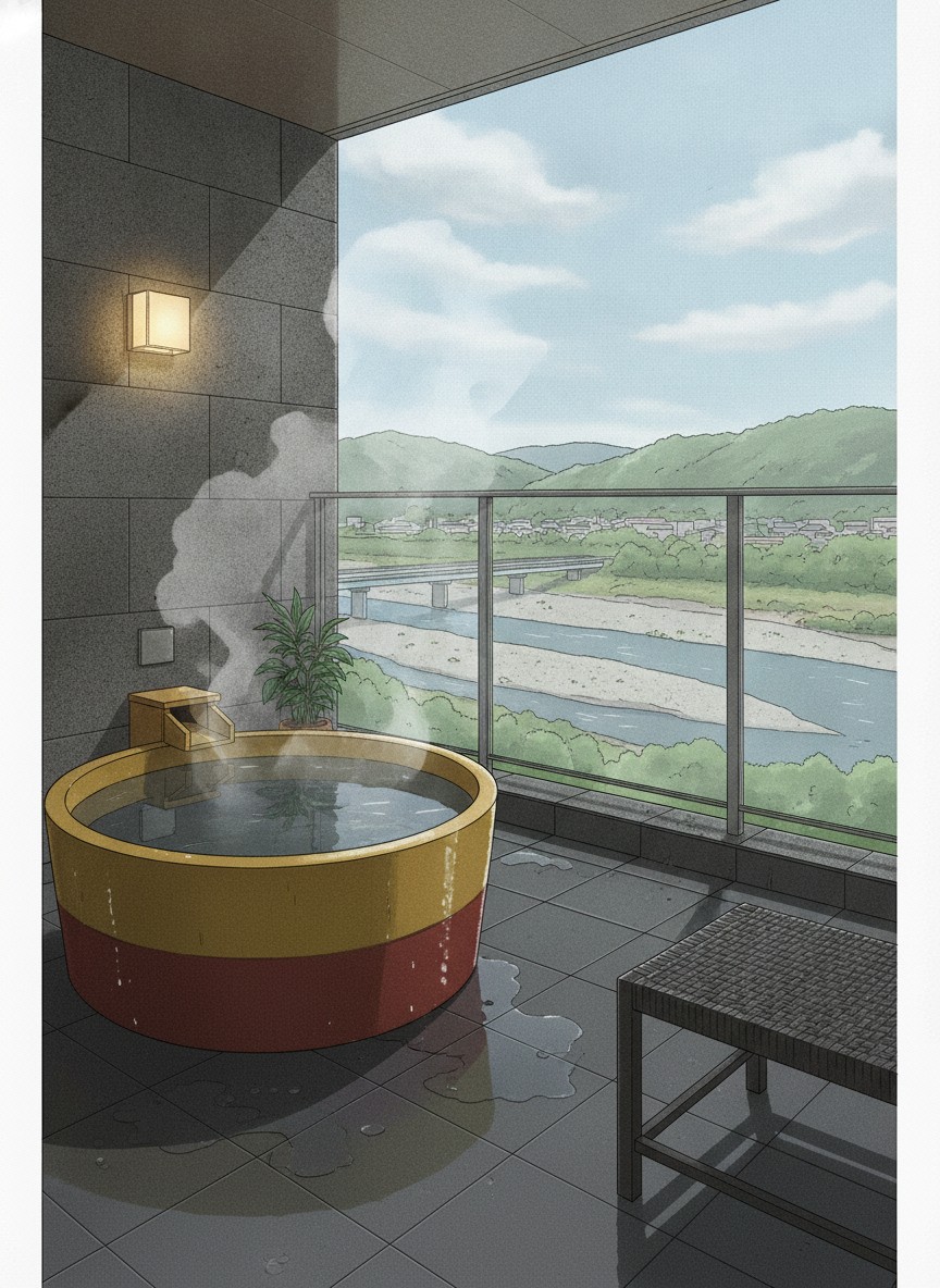 Illustration of Hitoyoshi Onsen Nabeya in Kokonoka-machi, on the Kuma river in the center of town