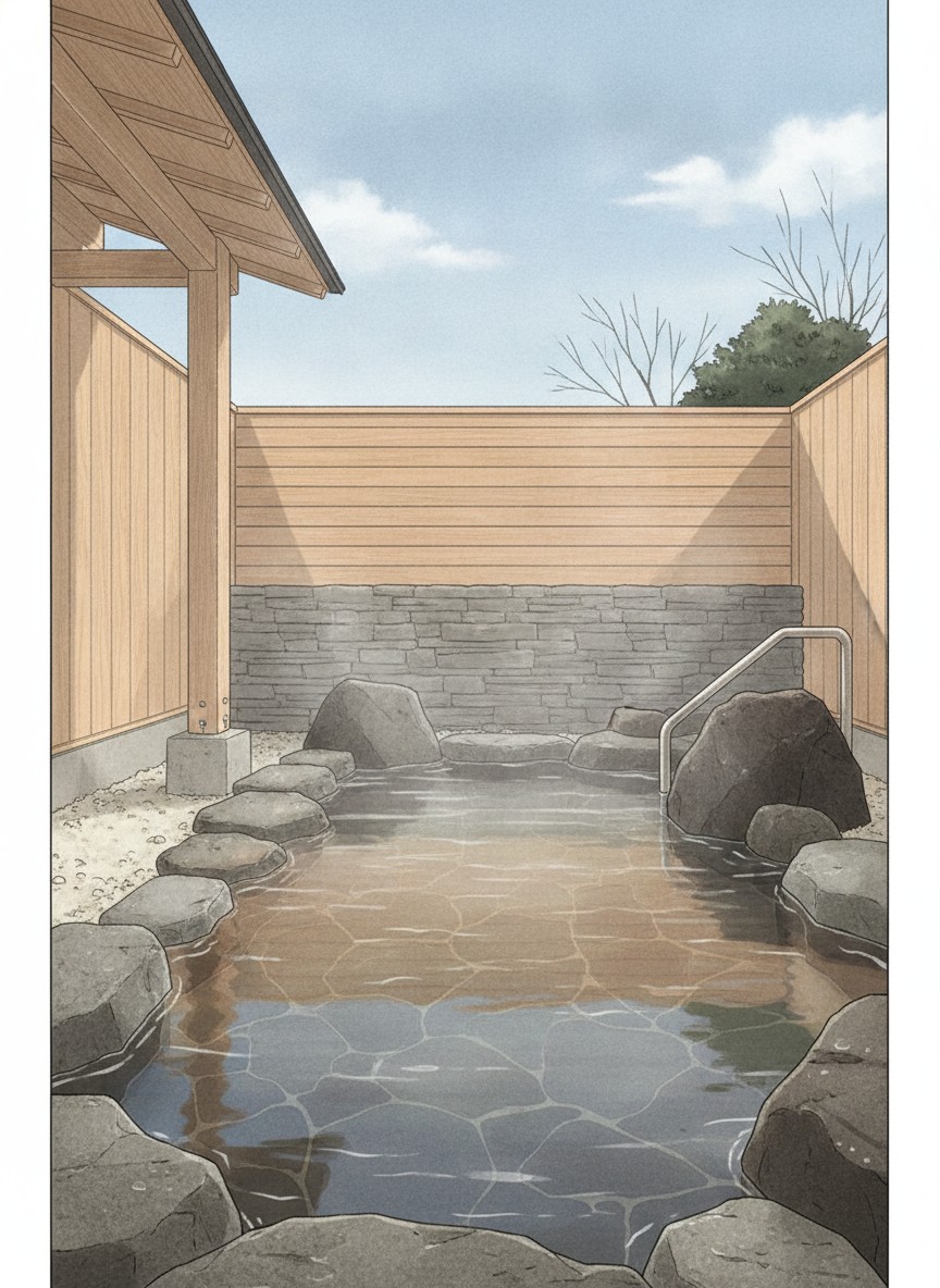 Illustration of Ryokan Suiranro in Onsen-machi, on the Kuma river west of the station