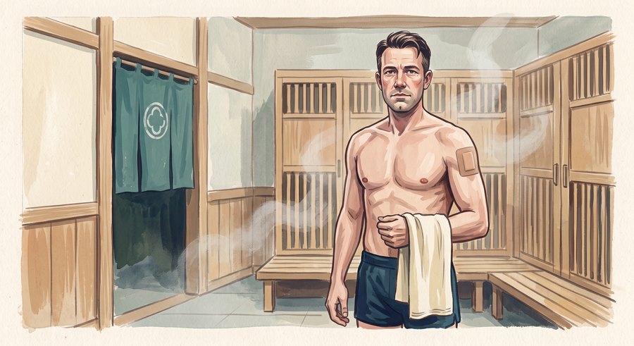 Illustration representing cover-up bathing: a waterproof tattoo cover seal being applied before entering the bath