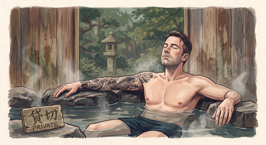 Illustration representing a private bath: a small reservable kashikiri bath used alone