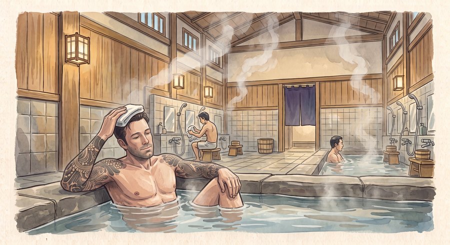 Illustration representing tattoo-friendly bathing: a bather with visible tattoos relaxing in a shared onsen