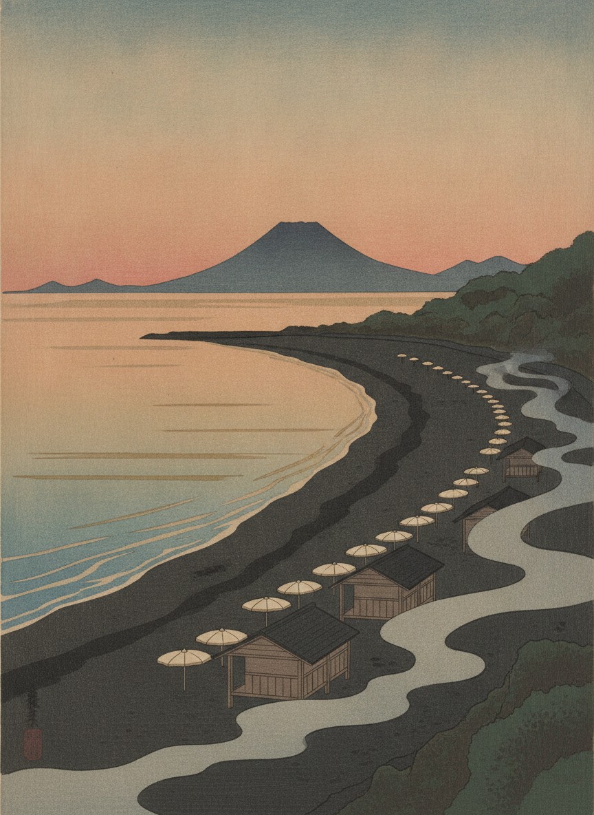 Illustration of the black sand beach at Ibusuki at sunset, steam rising from the sand with Mount Kaimon on the horizon