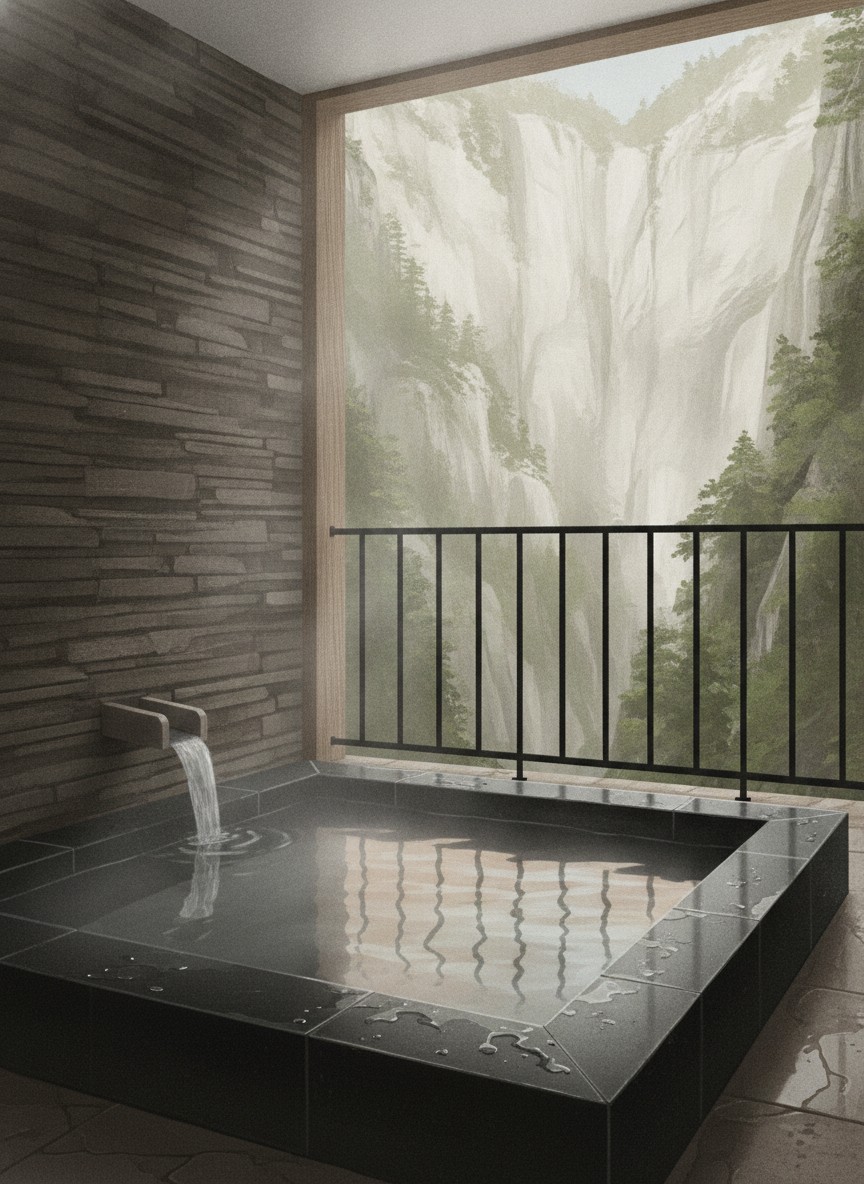 Illustration of Keien Hananose in Anahara, above the Surikami River gorge, about 5 minutes by car from Iizaka-Onsen Station