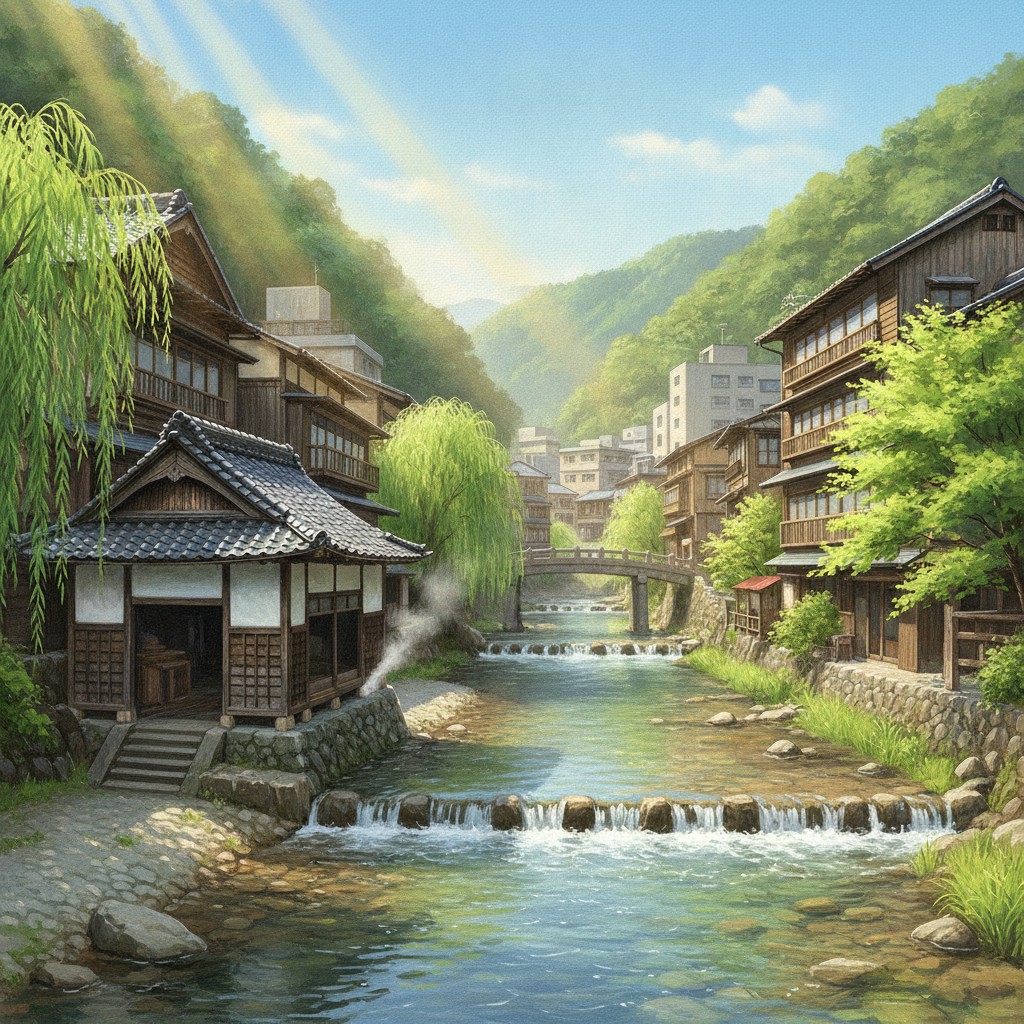 Illustration of Iizaka on the Surikami River in early summer: an old timber bathhouse on the bank, inns and willows along the clear water, and green hills in morning sun
