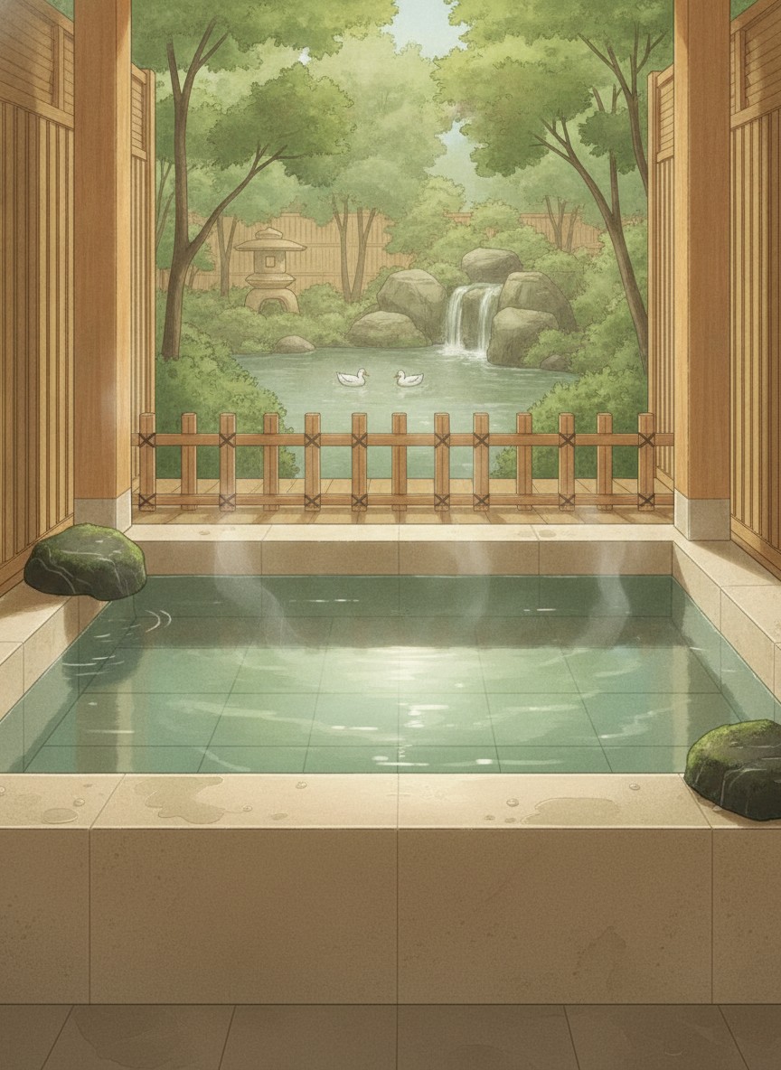 Illustration of Oyado Kawasemi in Hisui-no-Sato, on the south edge of Iizaka, about 10 minutes by car from Iizaka-Onsen Station