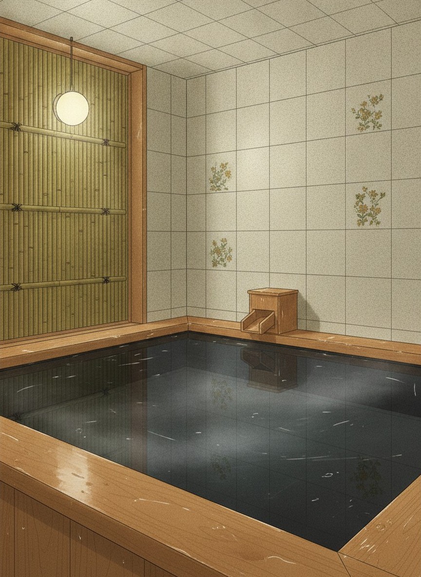 Illustration of Okina Ryokan in Tennoji, Anahara, on the Surikami River upstream of Iizaka-Onsen Station