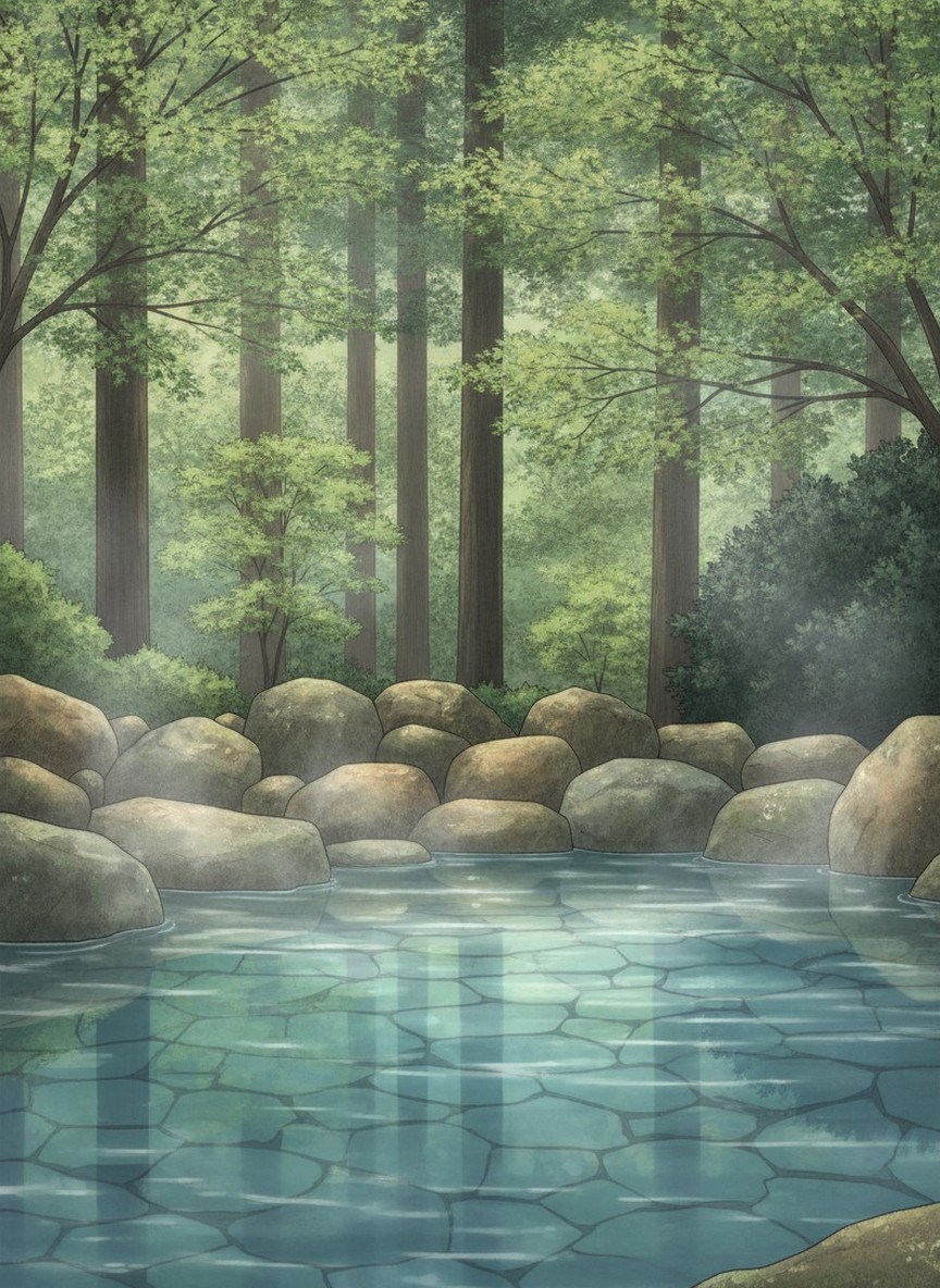 Illustration of Tsuchiyu Bettei Satonoyu in Akutojiri, on the edge of the village inside Bandai-Asahi National Park