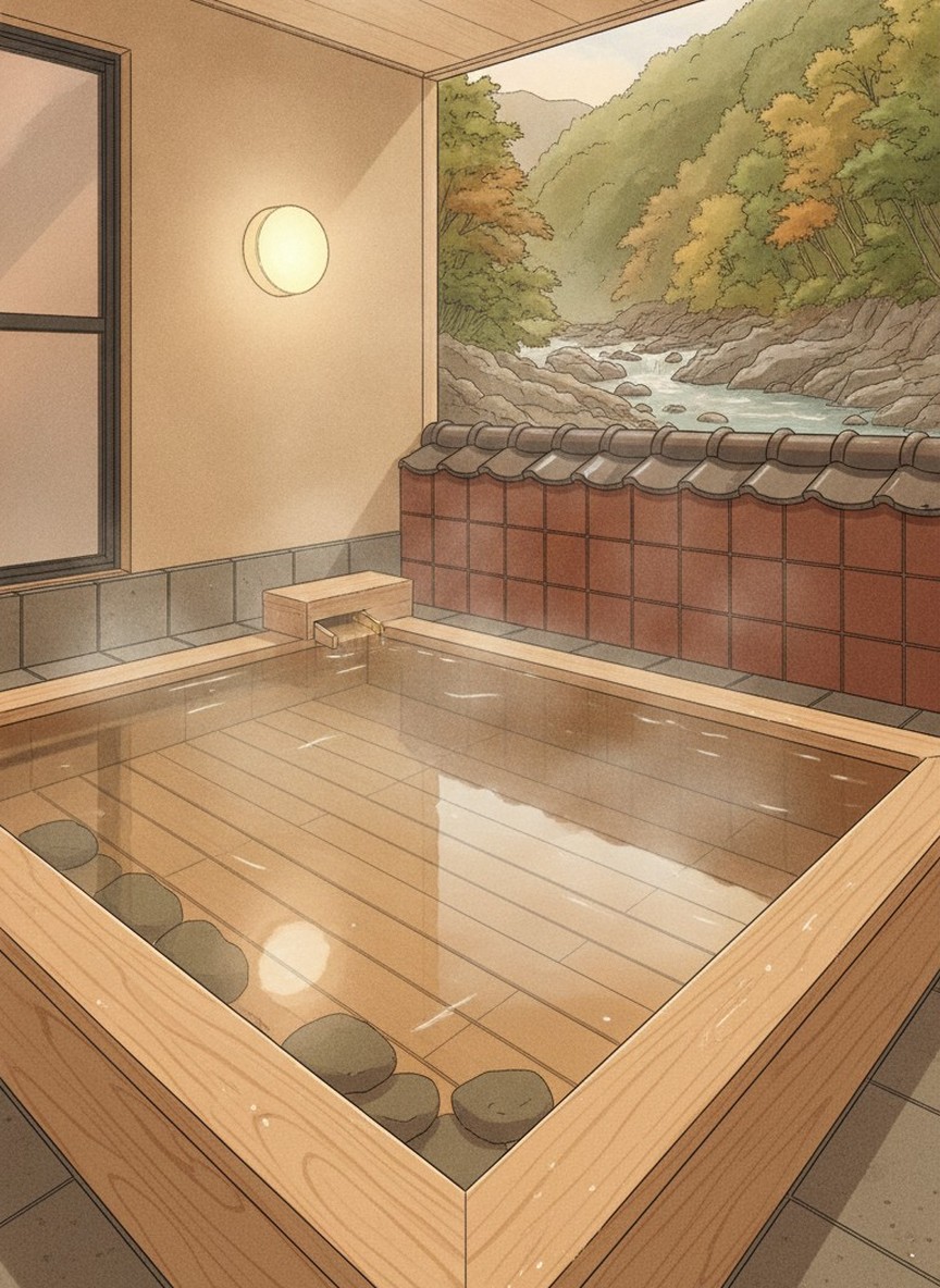 Illustration of Harumiya Ryokan in Suginoshita, on the Arakawa river at the lower end of the village