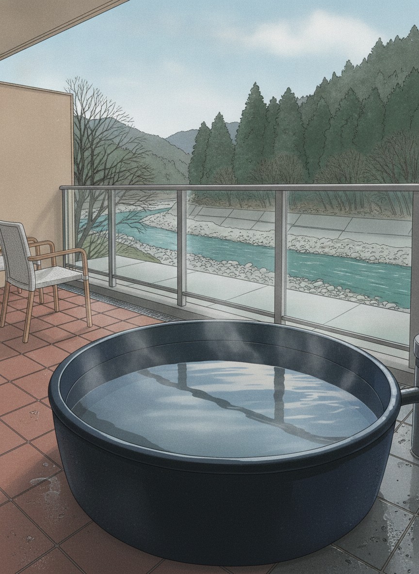 Illustration of Hotel Mukaitaki in Suginoshita, on the Arakawa river by the Tsuchiyu Onsen bus stop