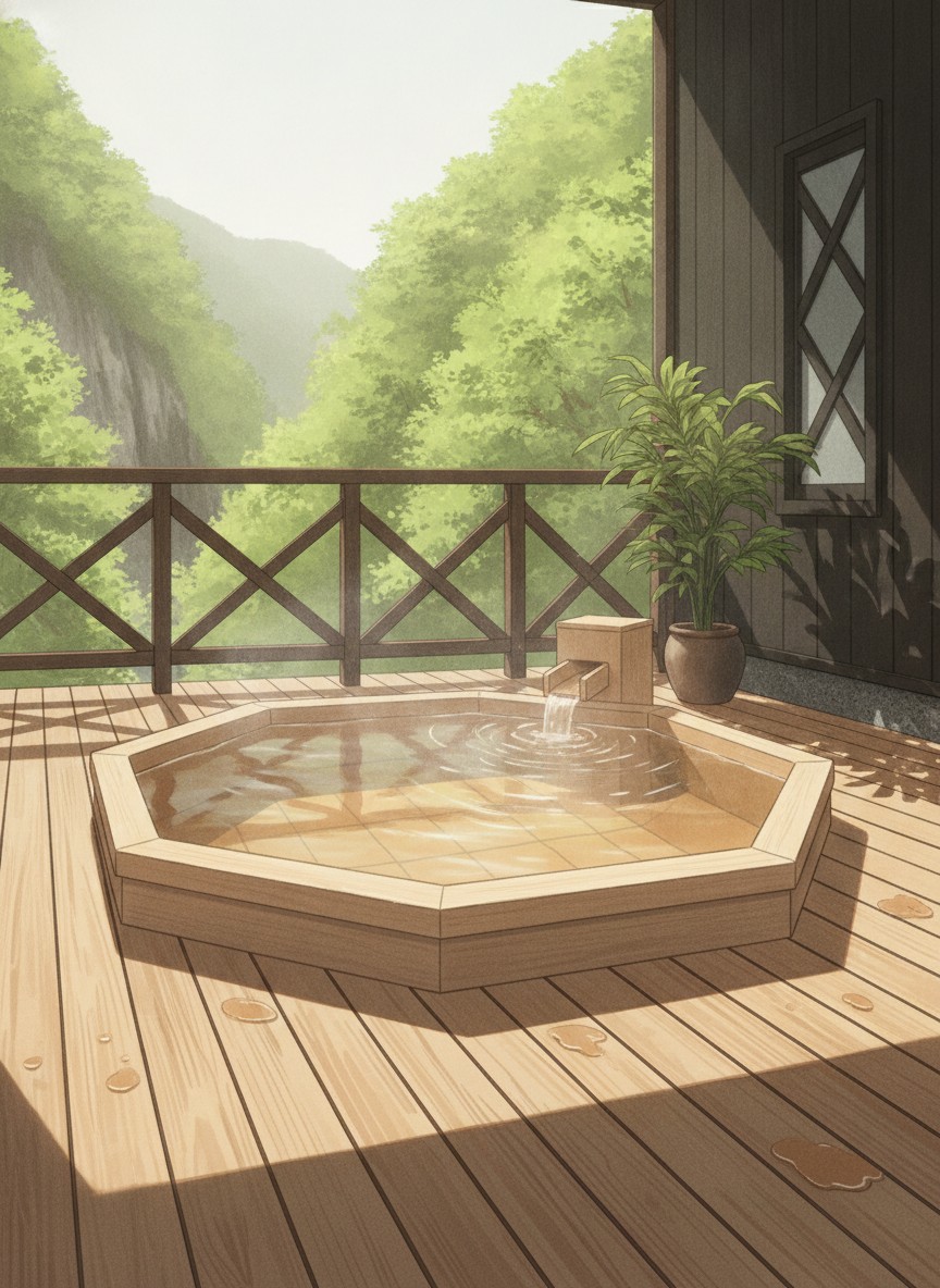 Illustration of Kotaki Onsen in On the Arakawa gorge, upstream of the village center