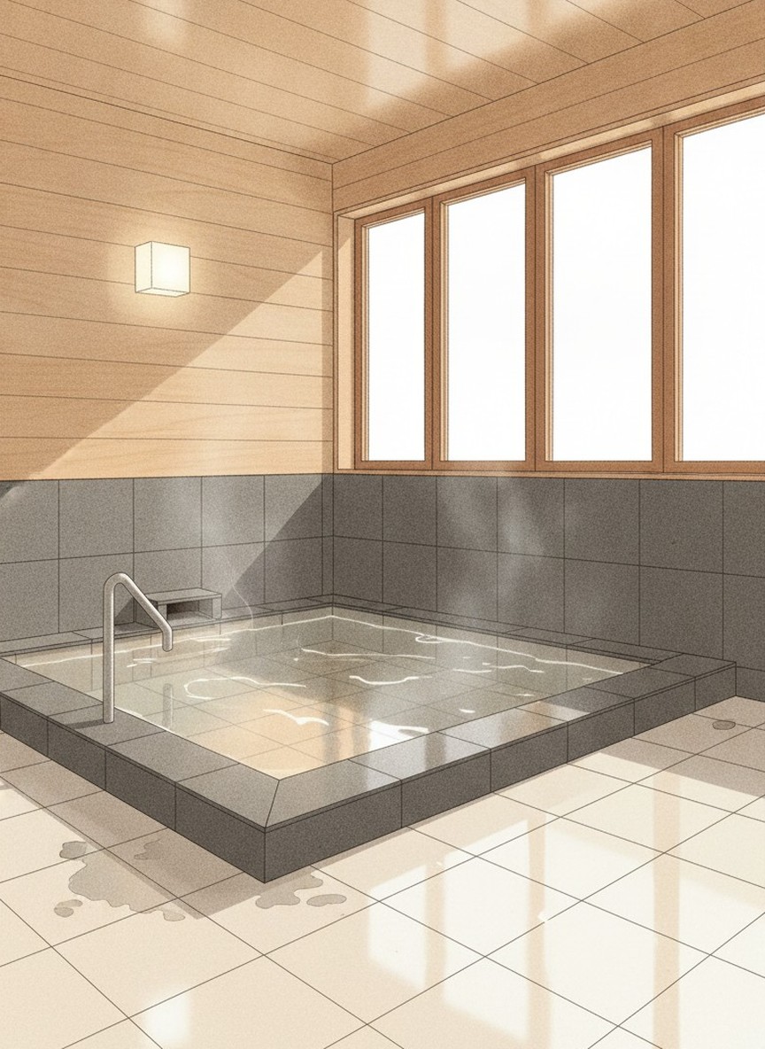 Illustration of Tsuchiyu Onsen Public Bath Nakanoyu in Shimonomachi, in the middle of the village