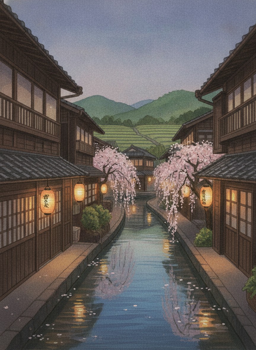 Illustration of a weeping-cherry canal street in Iwamuro Onsen at dusk