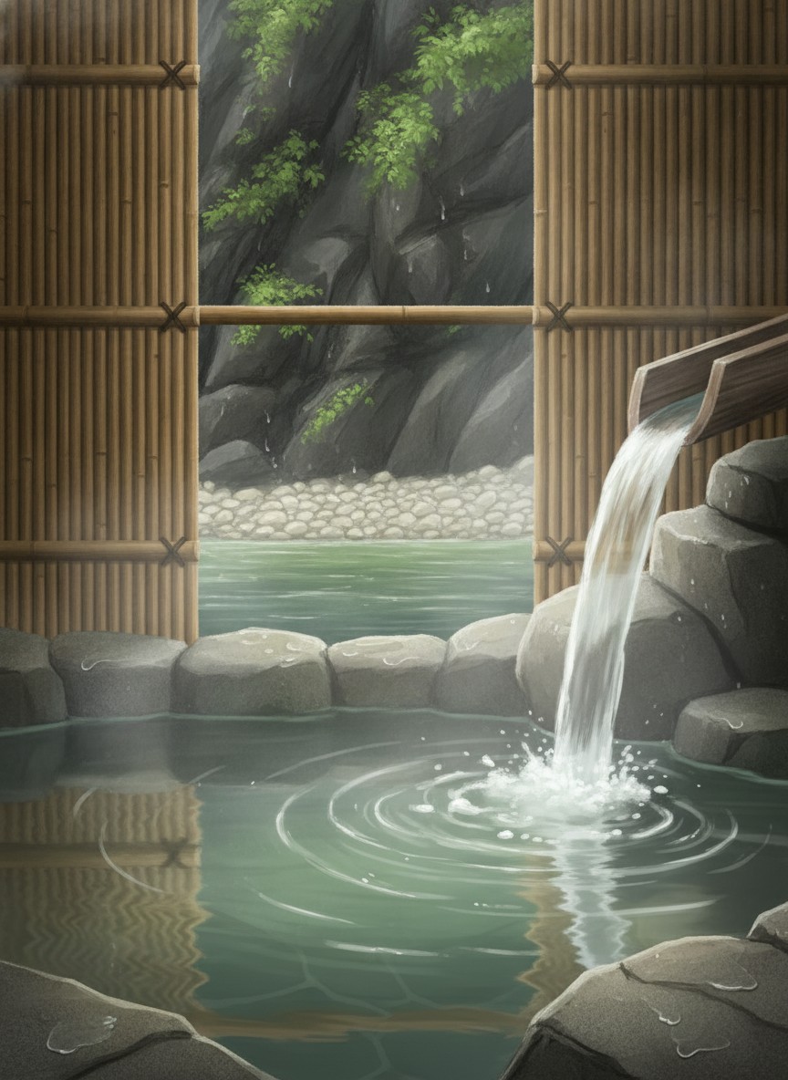 Illustration of Wa-no-Yado Hotel Iya Onsen in Iyakei, the gorge road at Ikeda-cho Matsuo, about 40 minutes by car above JR Oboke