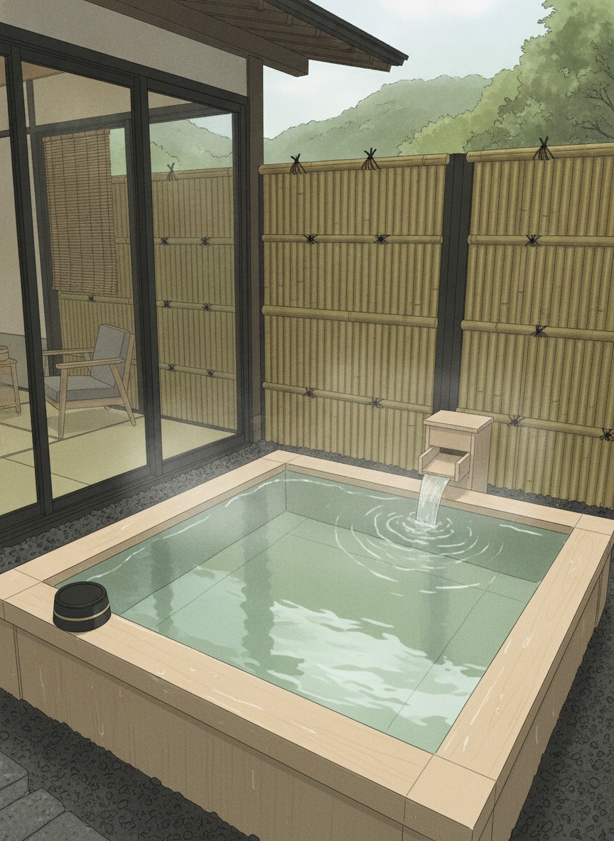 Illustration of Kuriya Suizan in Jozankei, riverside on the west bank below Suizantei