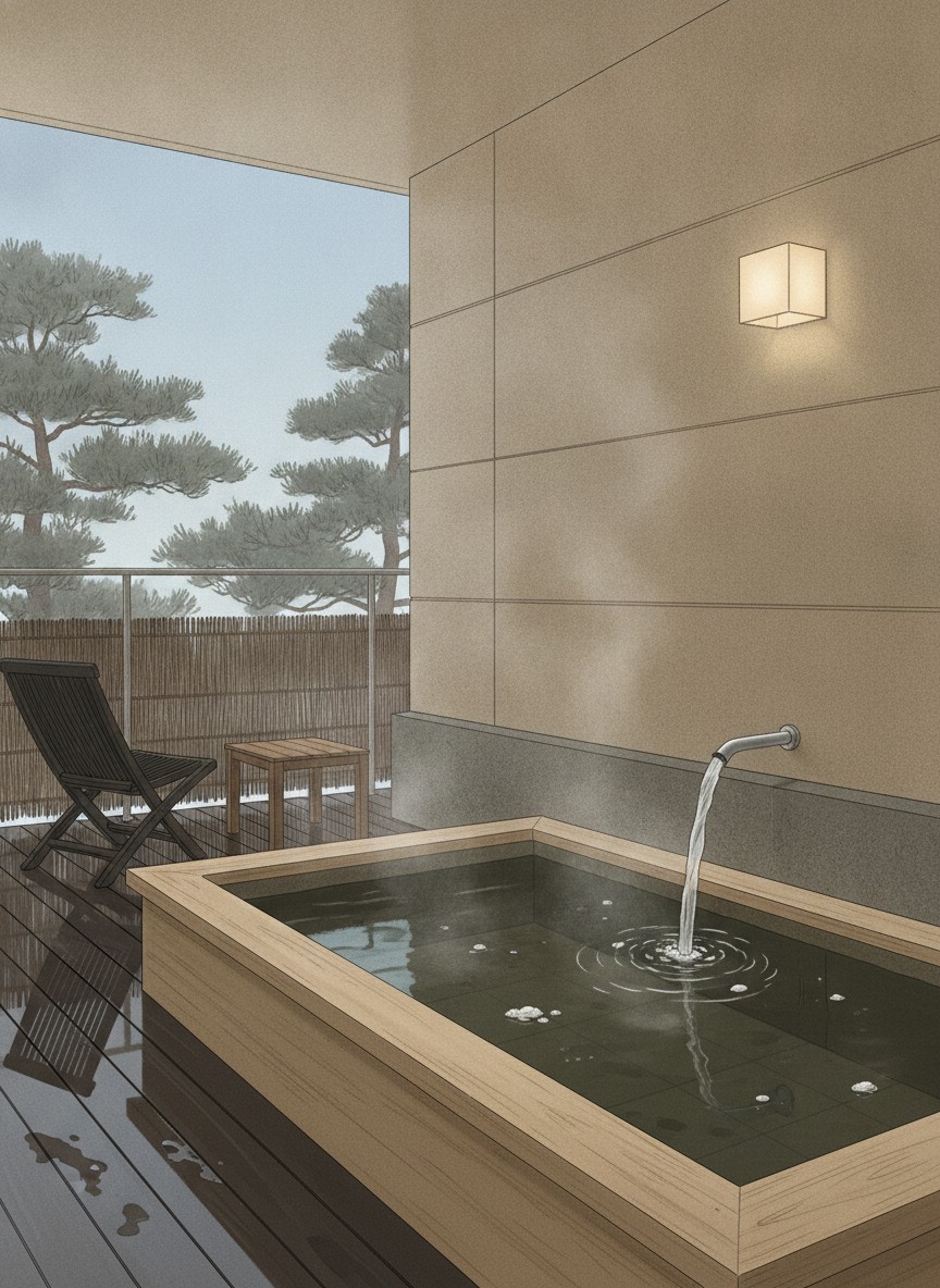 Illustration of Kasuitei in Kaike Onsen 4-chome, on the pine shore at the west end of the strip