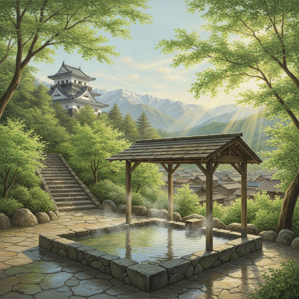 Illustration of a steaming stone foot bath under a wooden roof in Kaminoyama, with the small white castle keep on its wooded hill and the Zao range beyond