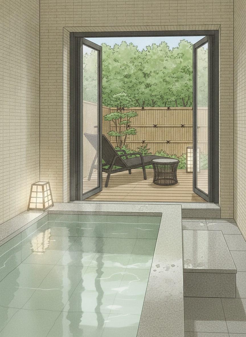 Illustration of Kanazawa Yuwaku Onsen Hyakurakuso in Yuwaku Onsen, in the hills southeast of central Kanazawa