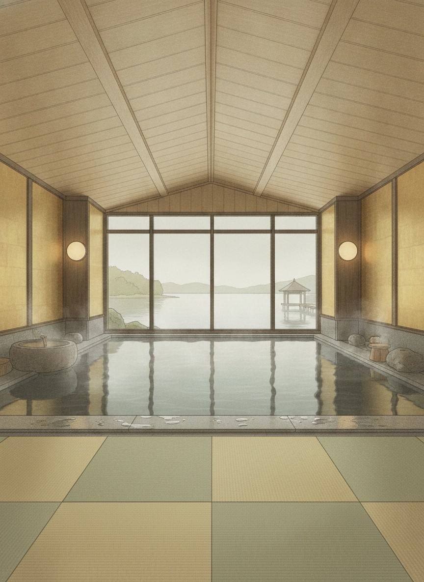 Illustration of Ooedo Onsen Monogatari Premium Kaga Maruya in Katayamazu, on the lake shore facing the Ukimido