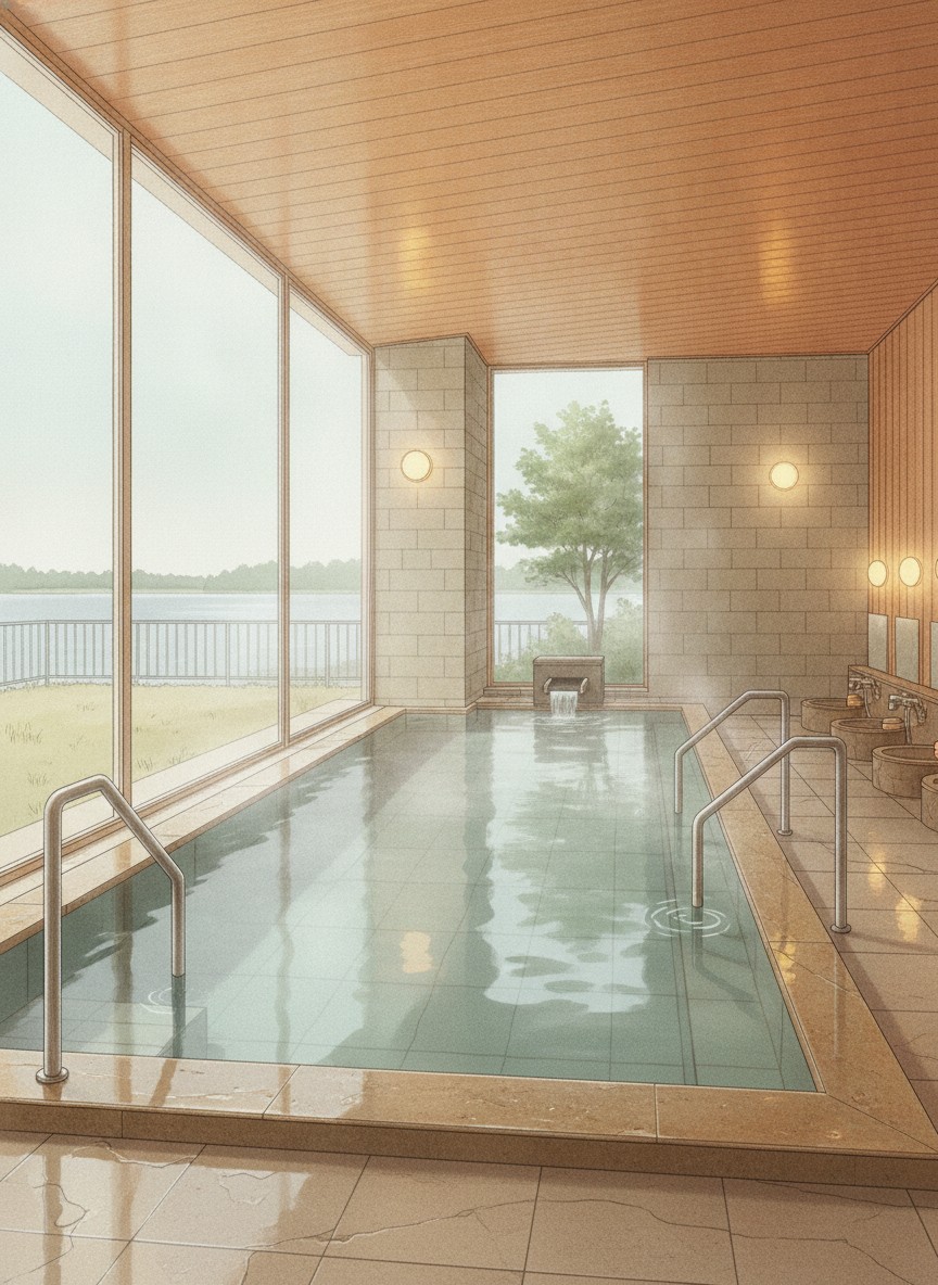 Illustration of Ooedo Onsen Monogatari Katayamazu Onsen Nagayama in Katayamazu, on the lake shore north of the town center